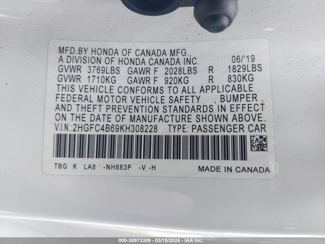 Honda Civic Lx 2019 2HGFC4B69KH308228 Image 9