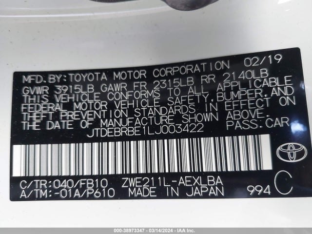 Toyota Corolla Hybrid Le 2020 JTDEBRBE1LJ003422 Image 9
