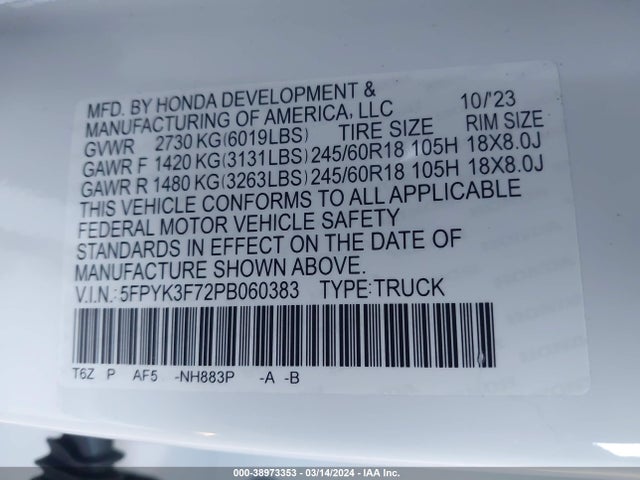 Honda Ridgeline Rtl-e 2023 5FPYK3F72PB060383 Image 9