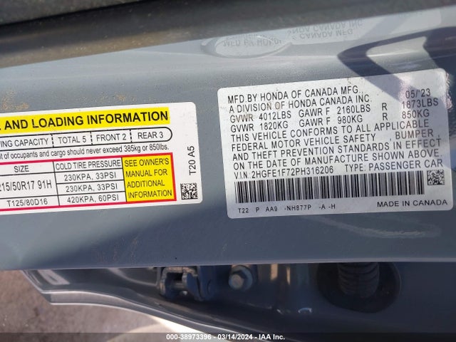 Honda Civic Ex /ex W/o Bsi 2023 2HGFE1F72PH316206 Image 9