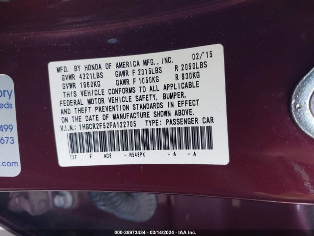 Honda Accord Sport 2015 1HGCR2F52FA122705 Image 9