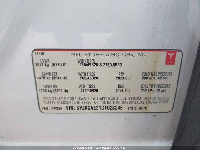 Tesla Model X 60d/70d/75d/90d 2016 5YJXCAE21GF028245 Image 9