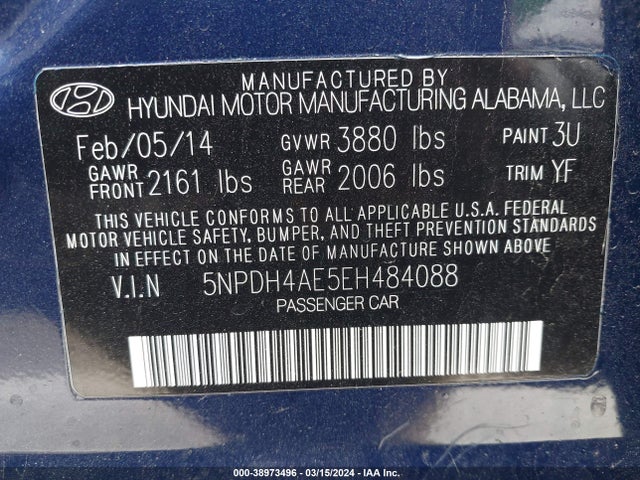 Hyundai Elantra Limited 2014 5NPDH4AE5EH484088 Image 9