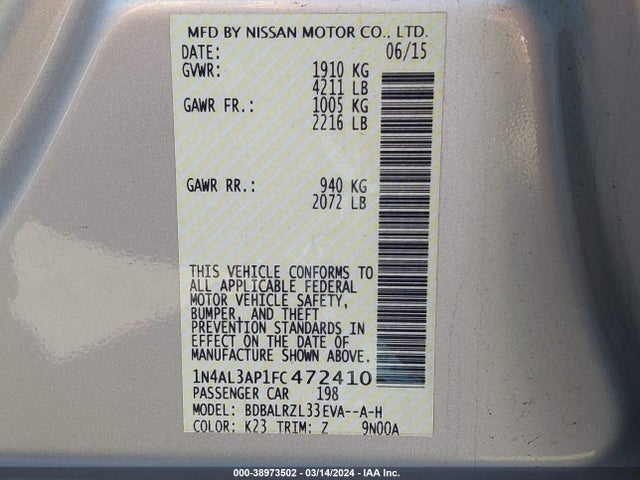 Nissan Altima 2.5 Sl 2015 1N4AL3AP1FC472410 Image 9