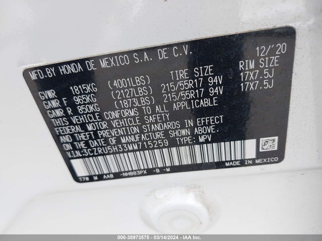 Honda Hr-v 2wd Lx 2021 3CZRU5H33MM715259 Image 9