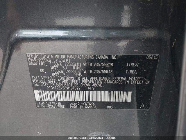Toyota Rav4 Limited 2015 2T3YFREV6FW197822 Image 9
