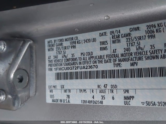 Ford ESCAPE SE 2015 1FMCU0G72FUA23670 Image 9