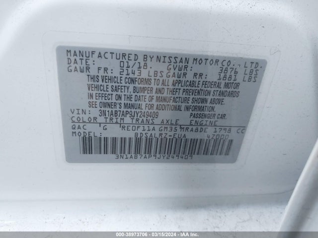 Nissan SENTRA SR 2018 3N1AB7AP9JY249409 Image 9