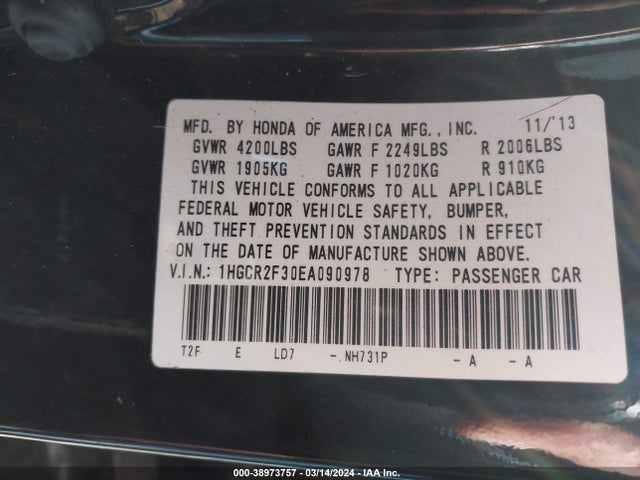 Honda ACCORD LX 2014 1HGCR2F30EA090978 Image 9