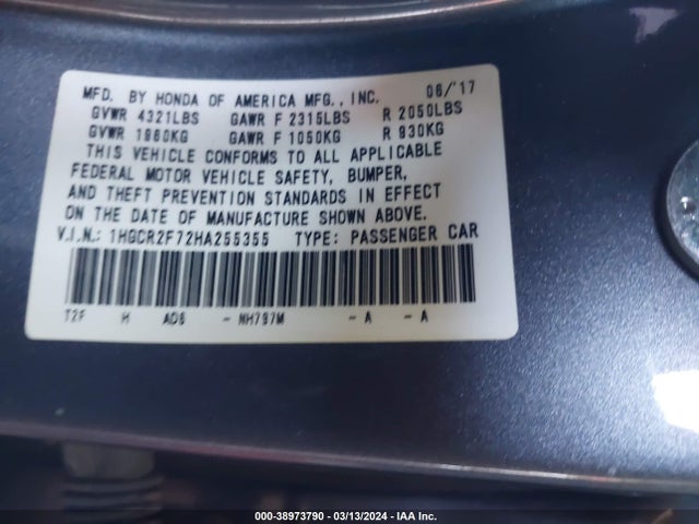 Honda ACCORD EX 2017 1HGCR2F72HA255355 Image 9