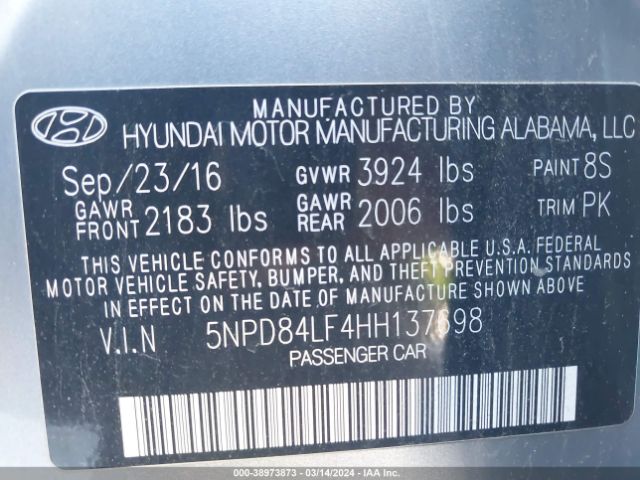 5NPD84LF4HH137698 Hyundai ELANTRA SE