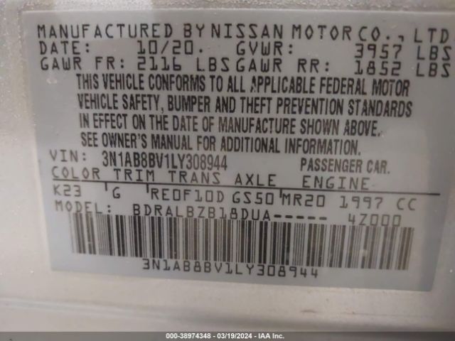 3N1AB8BV1LY308944 Nissan Sentra S Xtronic Cvt