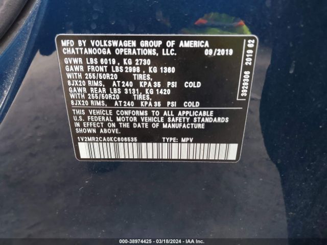 1V2MR2CA0KC606535 Volkswagen Atlas 3.6l V6 Sel