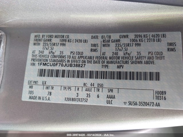 Ford ESCAPE S 2018 1FMCU0F70JUB38827 Image 9