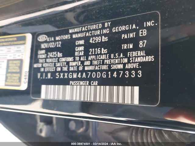 Продажа на аукционе авто 2013 Kia Optima Lx, vin: 5XXGM4A70DG147333, номер лота: 38974501