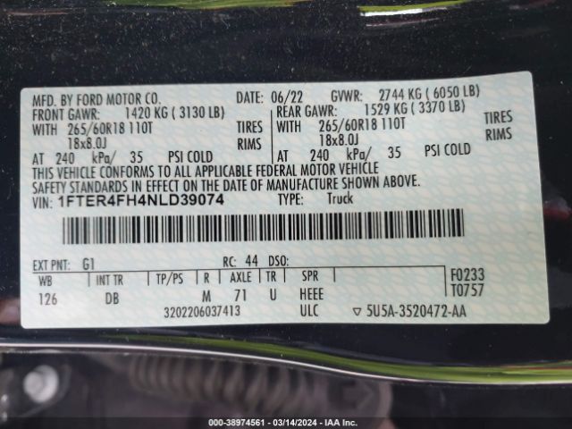 1FTER4FH4NLD39074 Ford Ranger Lariat