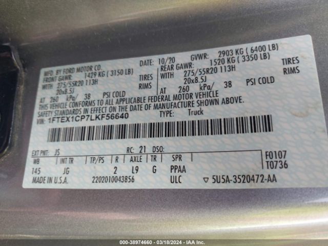 1FTEX1CP7LKF56640 Ford F-150 Xl