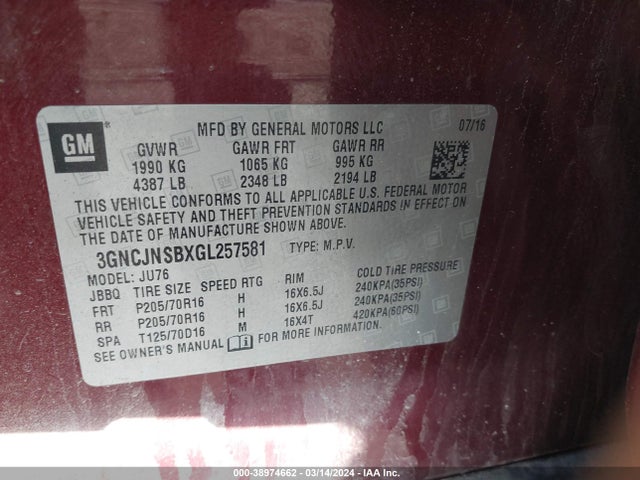 Chevrolet Trax 1ls 2016 3GNCJNSBXGL257581 Image 9