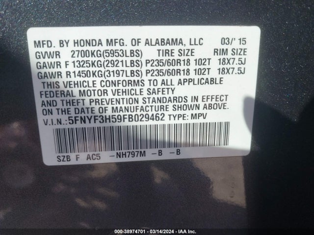 Honda Pilot Ex-l 2015 5FNYF3H59FB029462 Image 9