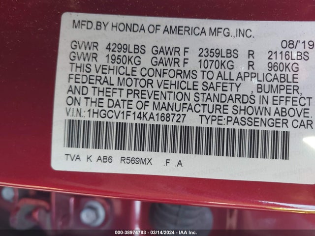Honda ACCORD LX 2019 1HGCV1F14KA168727 Image 9