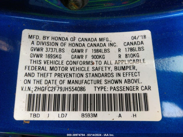 Honda CIVIC EX 2018 2HGFC2F79JH554086 Image 9