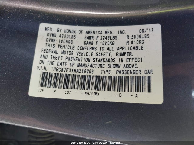 Honda ACCORD LX 2017 1HGCR2F3XHA246206 Image 9