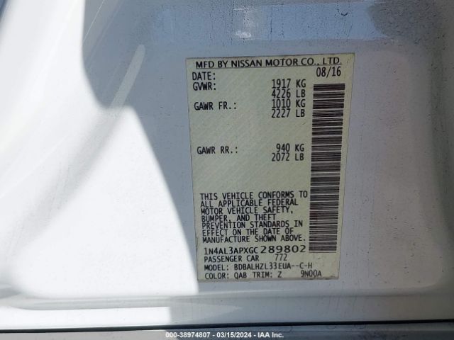 1N4AL3APXGC289802 Nissan Altima 2.5 Sr