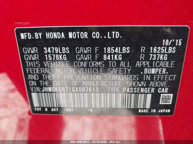 Honda FIT EX 2016 JHMGK5H71GX007613 Image 9