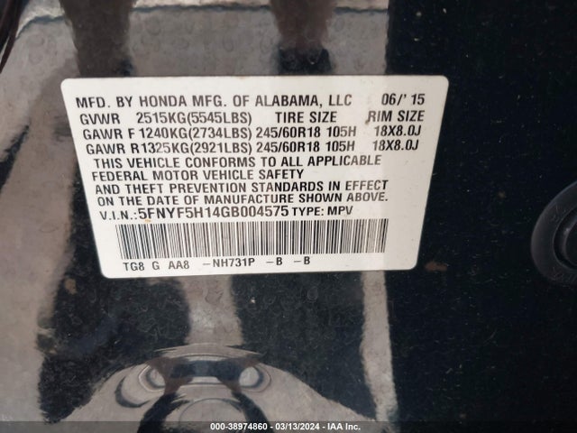 Honda PILOT LX 2016 5FNYF5H14GB004575 Image 9