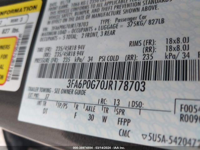 3FA6P0G70JR178703 Ford FUSION S