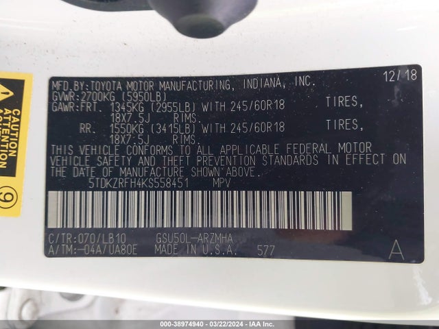 Toyota Highlander Xle 2019 5TDKZRFH4KS558451 Image 9