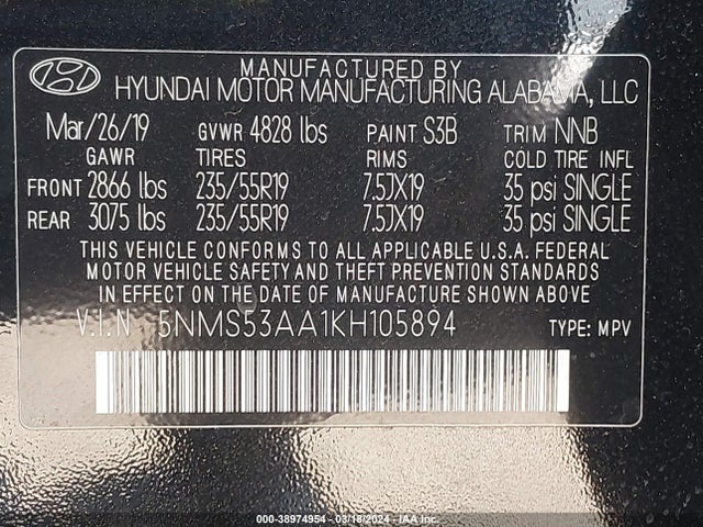 Hyundai Santa Fe Limited 2.0t 2019 5NMS53AA1KH105894 Image 9