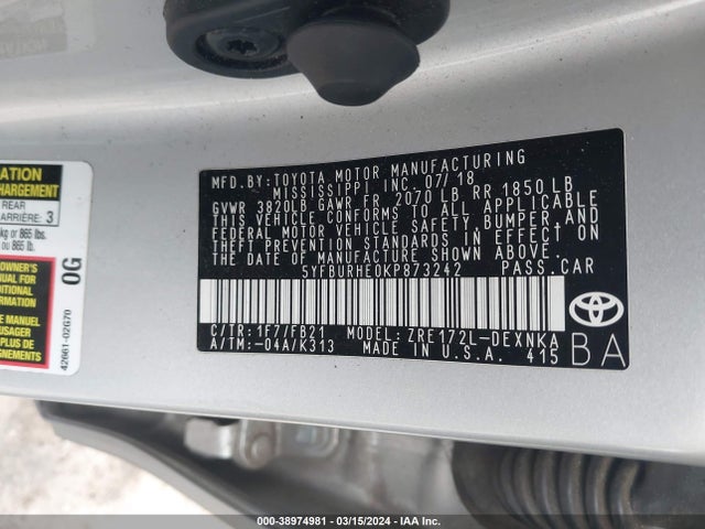 Toyota COROLLA LE 2019 5YFBURHE0KP873242 Image 9