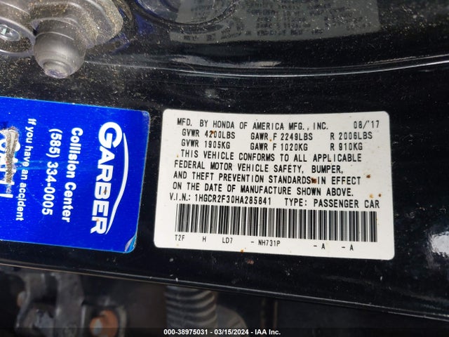 Honda ACCORD LX 2017 1HGCR2F30HA285841 Image 9