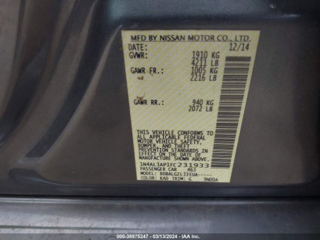 1N4AL3AP1FC231933 Nissan Altima 2.5/2.5 S/2.5 Sl/2.5 Sv