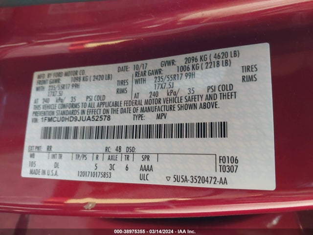 Ford ESCAPE SEL 2018 1FMCU0HD9JUA52578 Image 9
