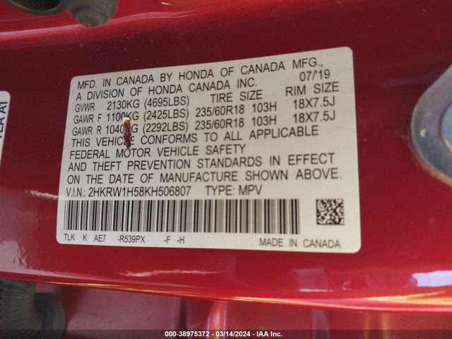 Honda CR-V EX 2019 2HKRW1H58KH506807 Image 9