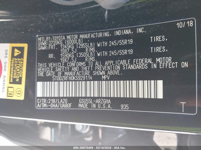Toyota Highlander Limited 2019 5TDDZRFH0KS929114 Image 9