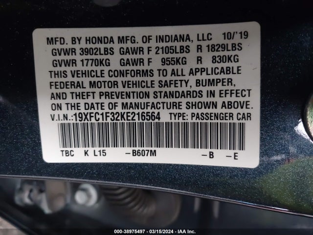 Honda CIVIC EX 2019 19XFC1F32KE216564 Image 9