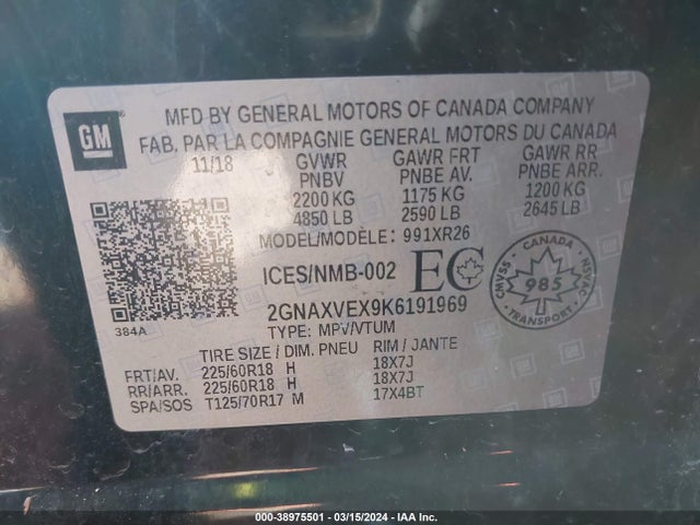 Chevrolet EQUINOX LT 2019 2GNAXVEX9K6191969 Image 9