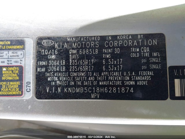 KIA SEDONA LX 2017 KNDMB5C18H6281874 Image 9