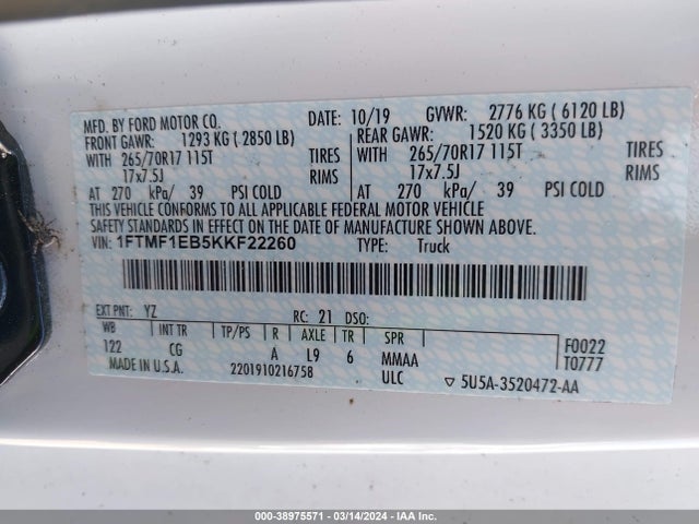 Ford F-150 Xl 2019 1FTMF1EB5KKF22260 Image 9