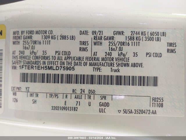 Ford RANGER XL 2021 1FTER1EH5MLD75905 Image 9