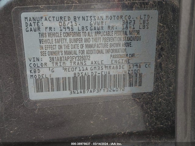 Nissan SENTRA SV 2015 3N1AB7AP3FY326072 Image 9