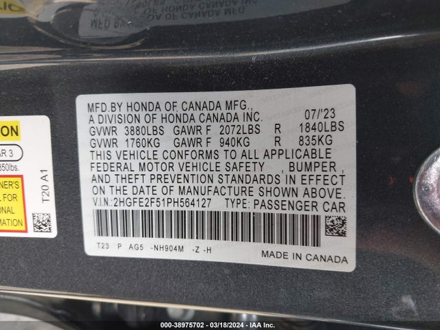 Honda Civic Sport 2023 2HGFE2F51PH564127 Image 9