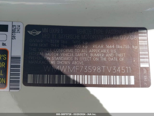 2008 MINI COOPER S WMWMF73598TV34511 Photo 8
