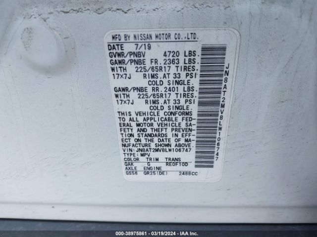 JN8AT2MV8LW106747 Nissan Rogue Sv Intelligent Awd