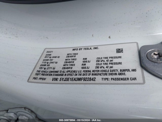 5YJ3E1EA3MF922842 Tesla Model 3 Standard Range Plus Rear-wheel Drive