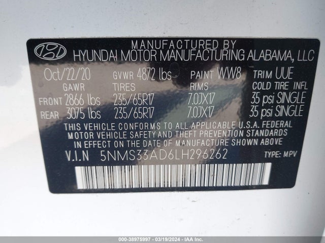 Hyundai Santa Fe Sel 2020 5NMS33AD6LH296262 Image 9