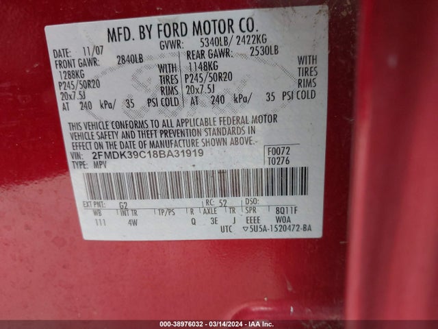 2008 FORD EDGE LIMITED VIN: 2FMDK39C18BA31919